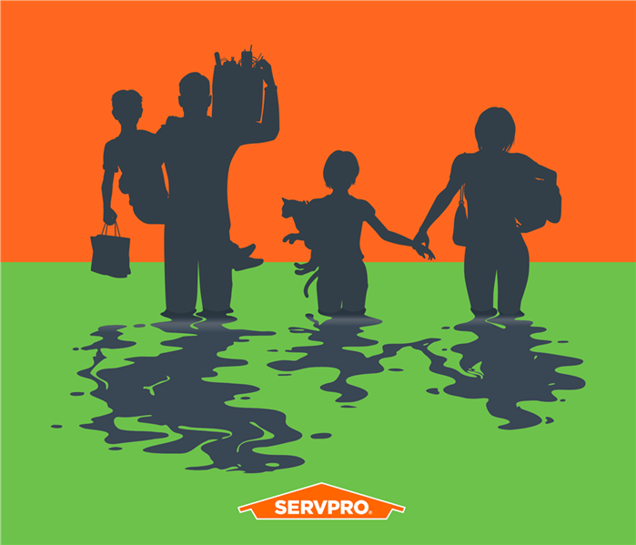 an animated family walking through orange and green background, simulating flood water carrying their belonging, SERVPRO logo