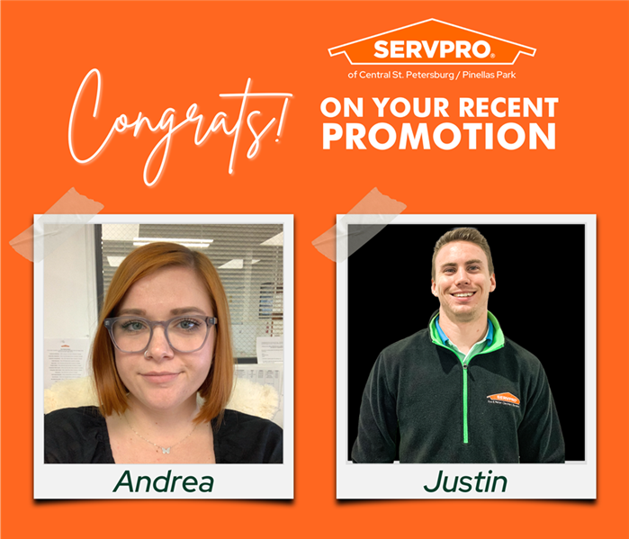 SERVPRO employees Andrea and Justin in polaroid frames, words "congrats on your promotion"